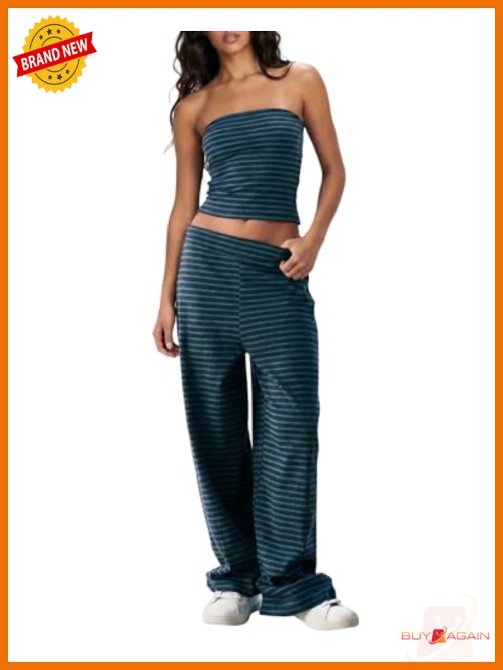 Striped Knit 2 Piece Set Strapless Tube Top Wide Leg Pants Lounge
